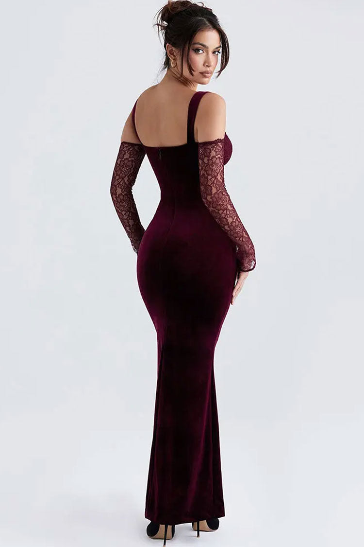 Stylish Bow Tie Sweetheart Cutout Shoulder Velvet Evening Maxi Dress - Burgundy