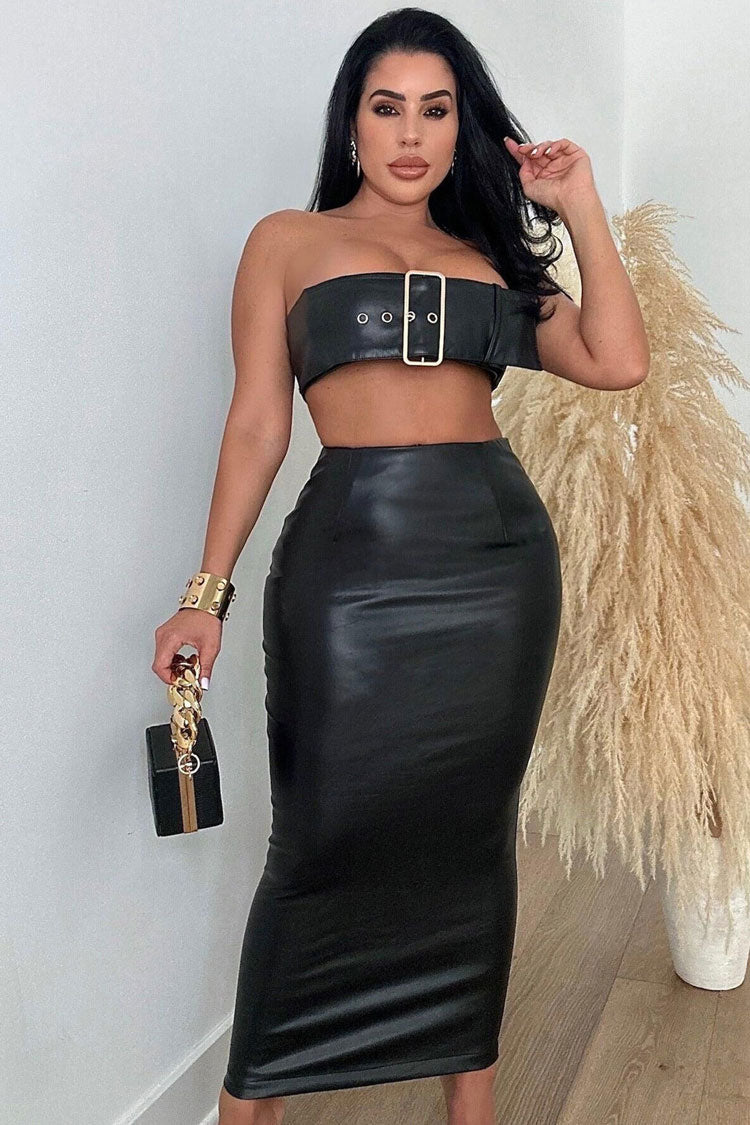Alluring Club Vegan Leather Buckled Bra Zip Up Maxi Two Piece Dress - Black