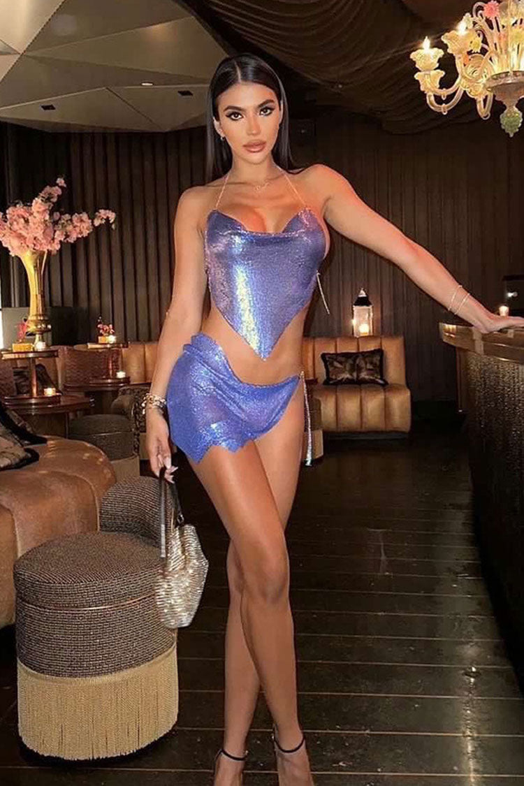 Alluring Cowl Neck Halter Crop Chainmail Club Two Piece Mini Dress - Royal Blue
