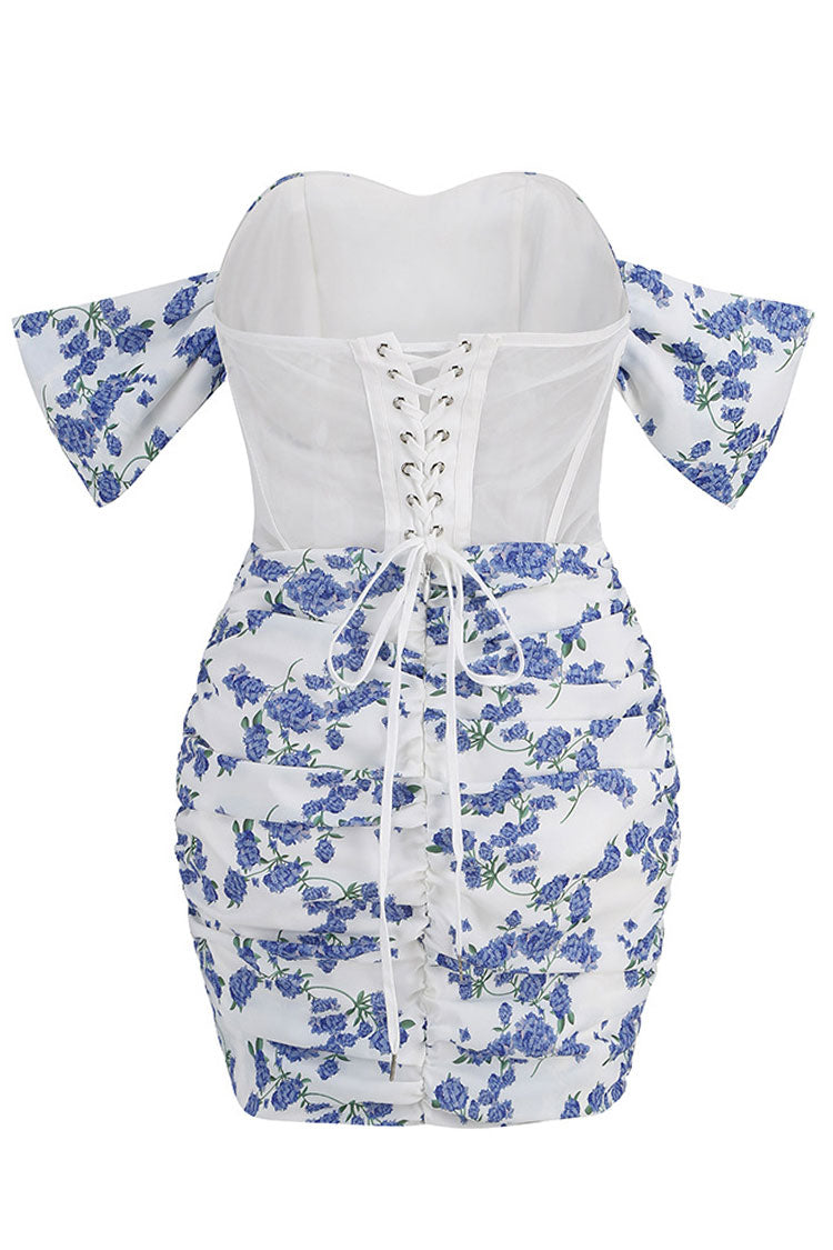 Sexy Cowl Neck Off Shoulder Sheer Corset Lace Up Ruched Flower Party Mini Dress - Blue