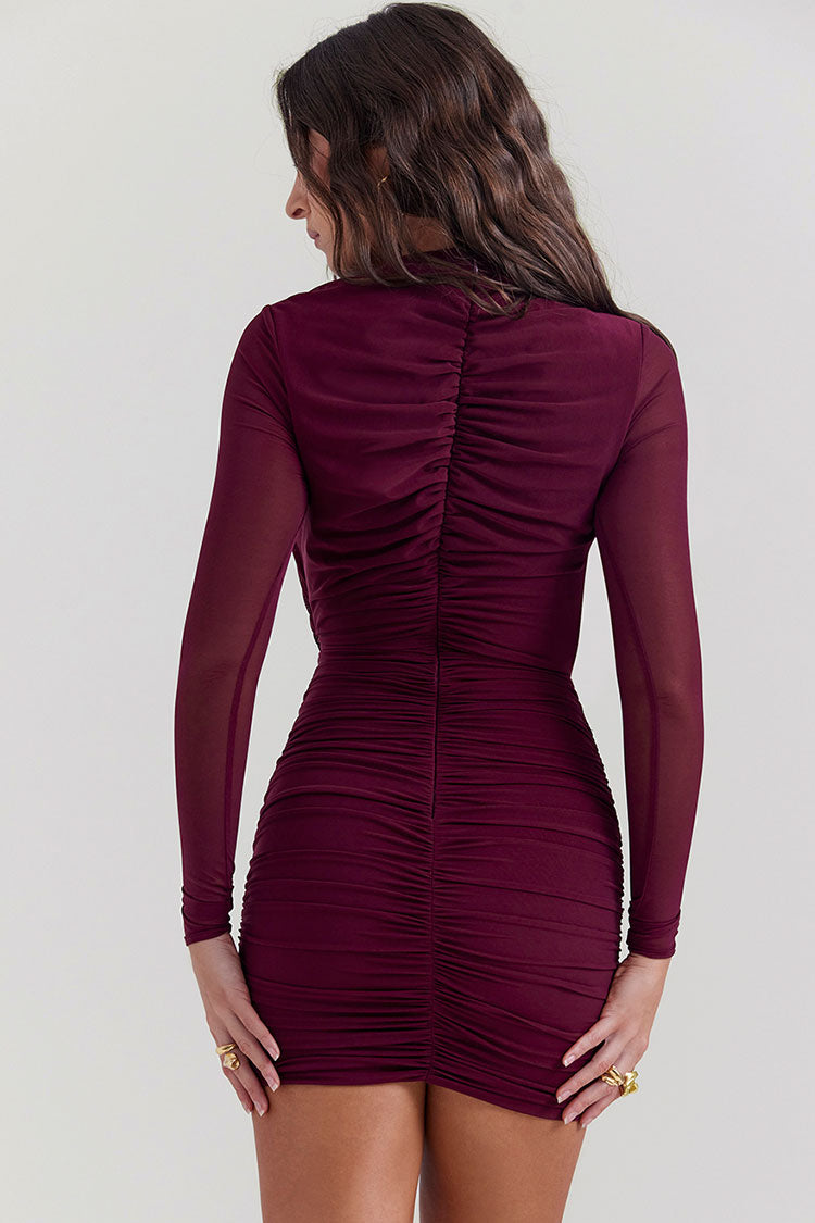 Attractive Crew Neck Cutout Long Sleeve Ruched Party Mini Dress - Burgundy