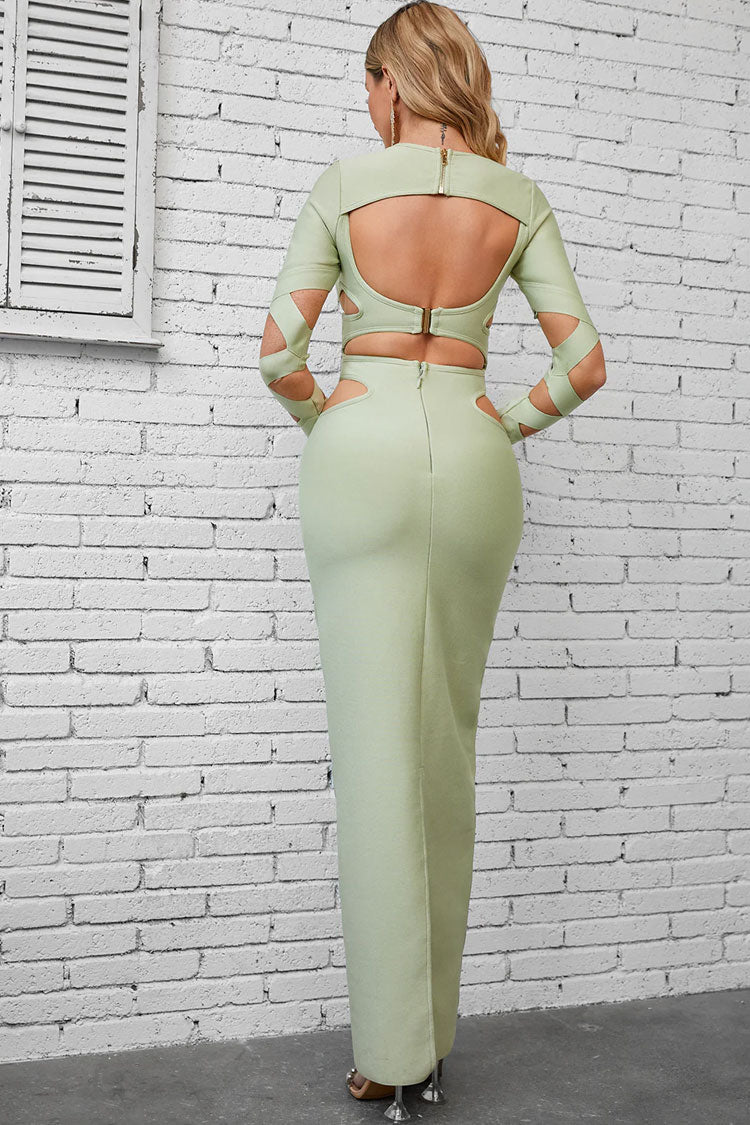Alluring Crew Neck Long Sleeve Bandage Cutout Evening Maxi Dress - Light Green