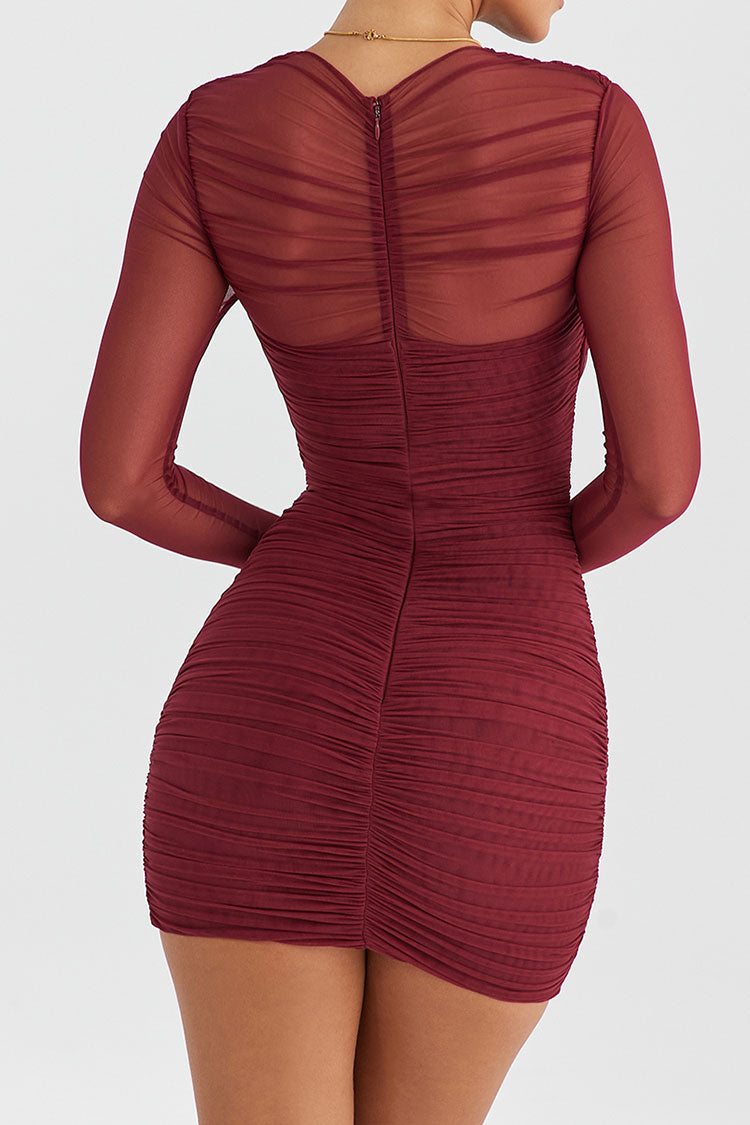 Chic Crew Neck Sheer Mesh Long Sleeve Ruched Bodycon Party Mini Dress - Burgundy