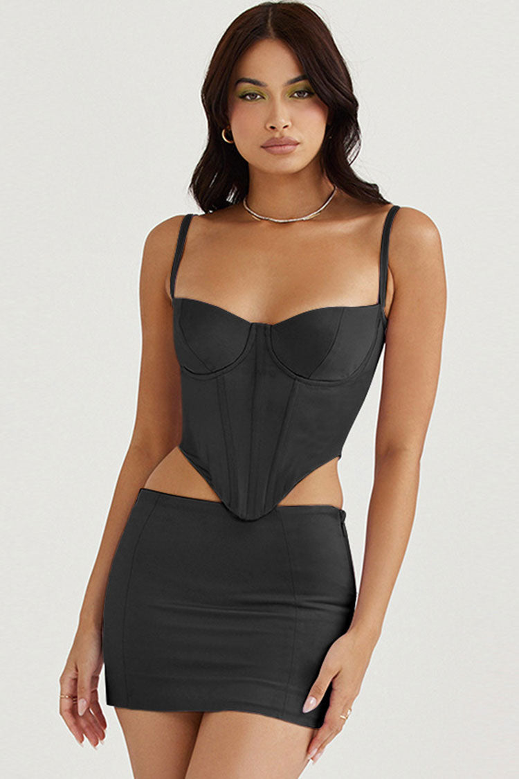 Alluring Crop Bustier Satin Top Low Waist Two Piece Mini Dress - Black