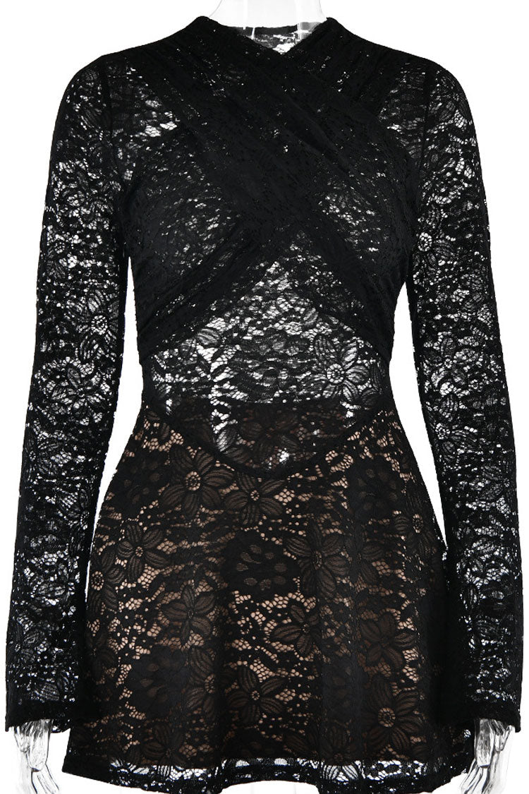 Chic Cross Front Semi Sheer Long Sleeve Lace Party Mini Dress - Red