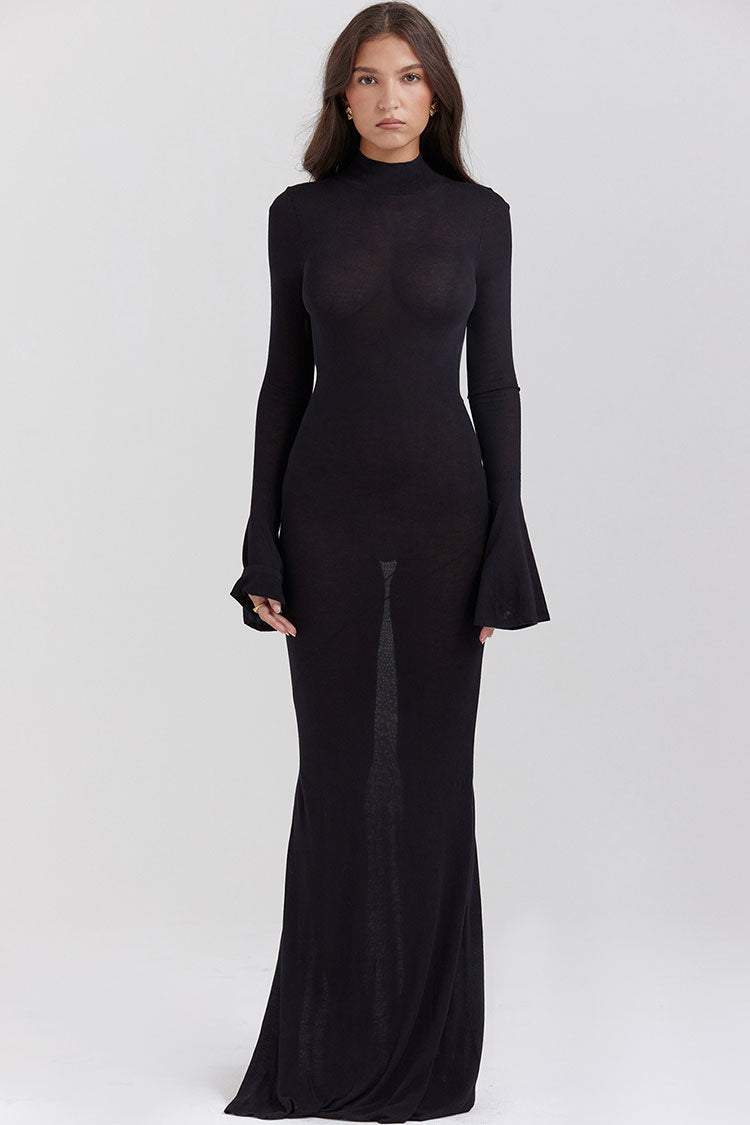 Alluring Cutout Back Mock Neck Bell Sleeve Fishtail Evening Maxi Dress - Black