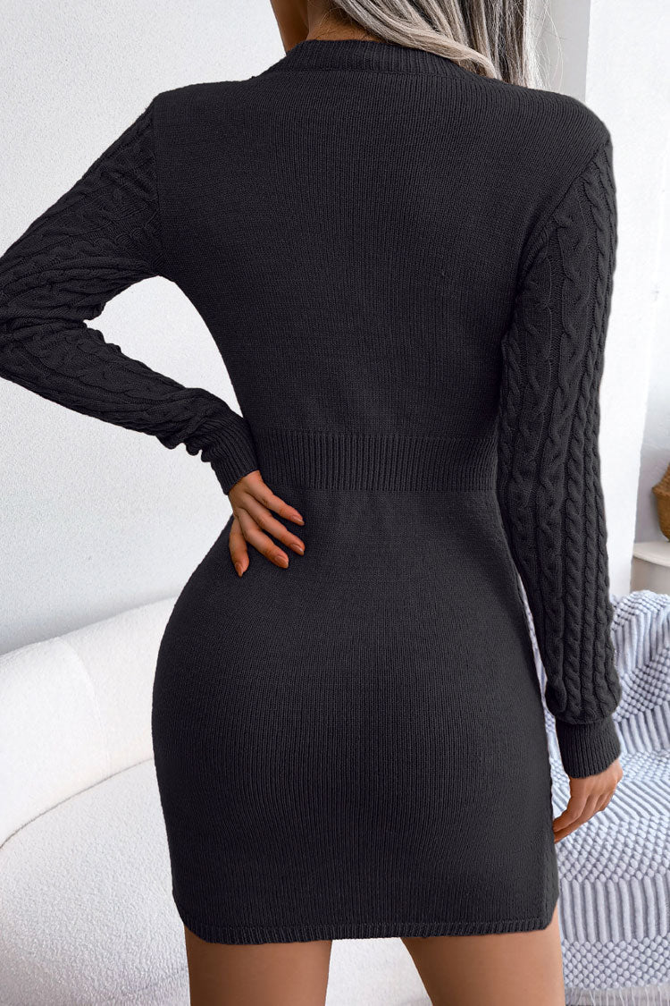 Chic Cutout Fisherman Cable Knit Bodycon Sweater Mini Dress - Black