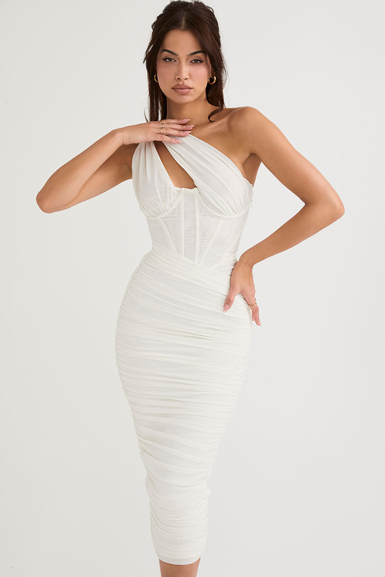 Chic Cutout One Shoulder Ruched Bodycon Mesh Corset Midi Dress - White