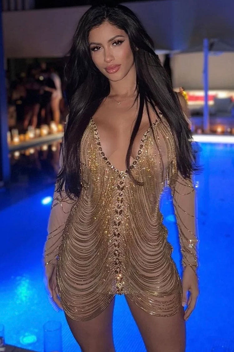 Alluring Deep V Cold Shoulder Sheer Mesh Rhinestone Fringe Party Mini Dress - Gold