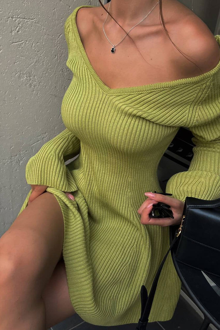 Chic Deep V Neck Long Sleeve A Line Ribbed Knit Winter Party Mini Dress - Green