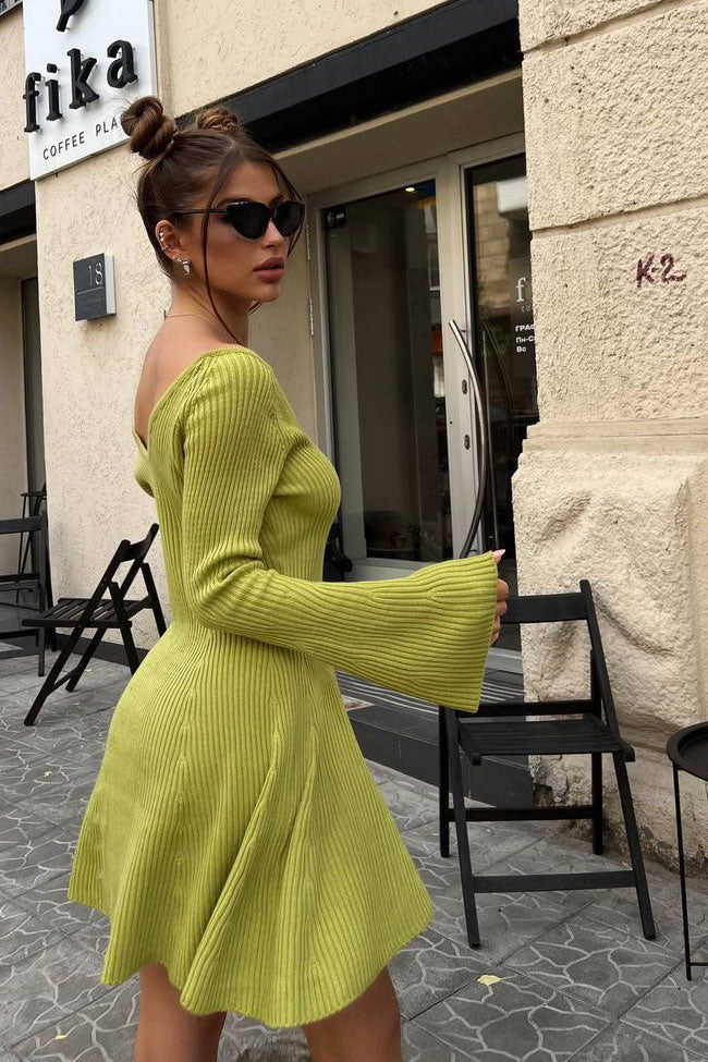 Chic Deep V Neck Long Sleeve A Line Ribbed Knit Winter Party Mini Dress - Green