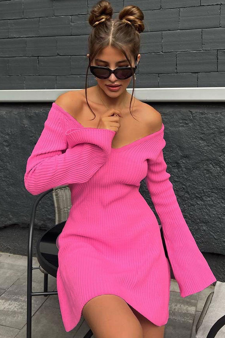 Attractive Deep V Neck Long Sleeve A Line Ribbed Knit Winter Party Mini Dress - Hot Pink