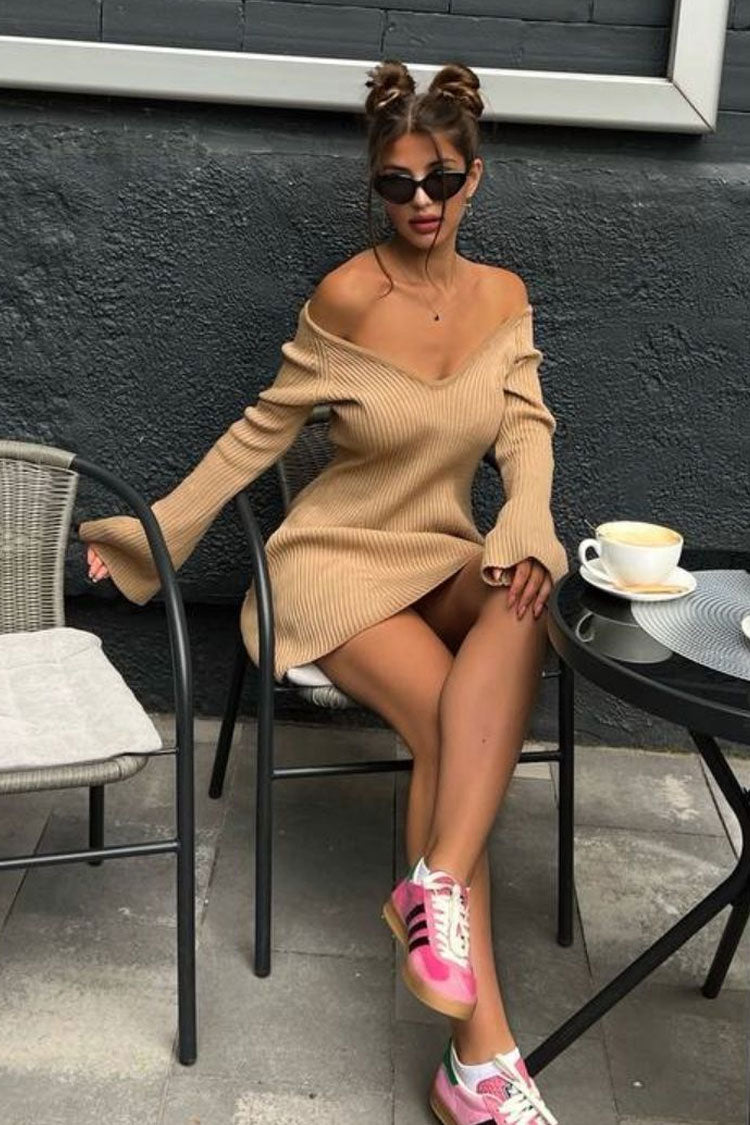 Chic Deep V Neck Long Sleeve A Line Ribbed Knit Winter Party Mini Dress - Khaki