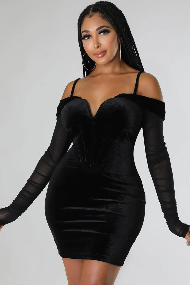 Chic Deep V Sheer Sleeve Velvet Bodycon Corset Party Mini Dress - Black