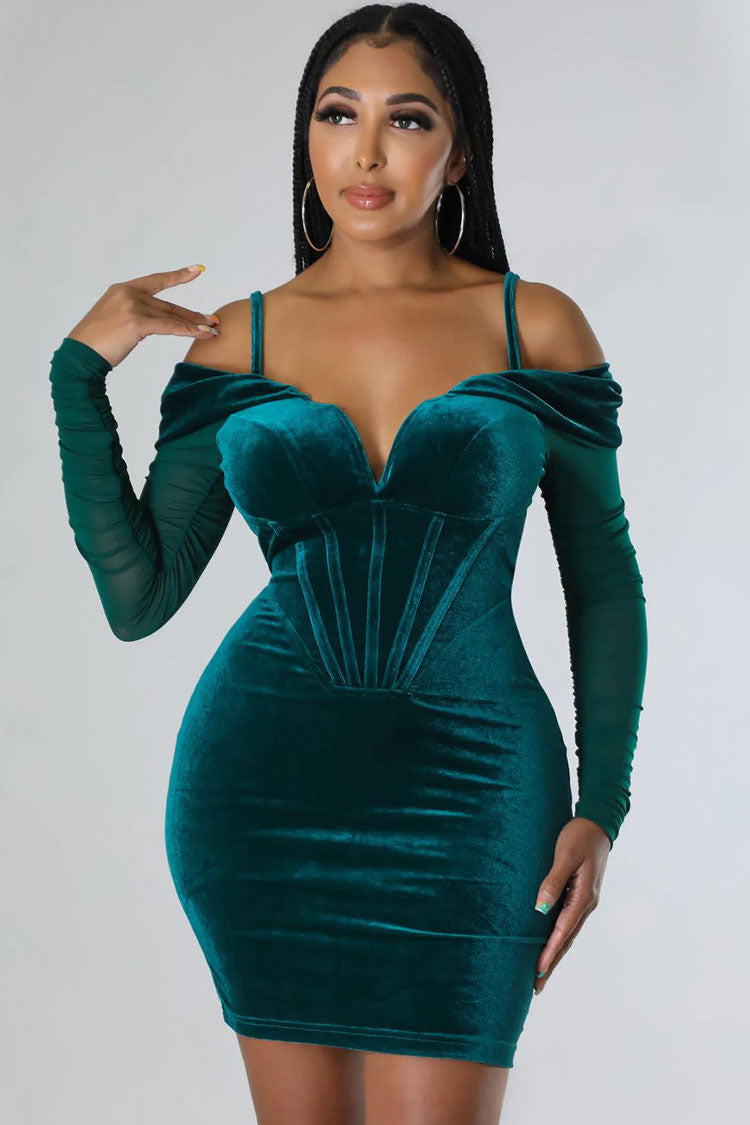 Alluring Deep V Sheer Sleeve Velvet Bodycon Corset Party Mini Dress - Emerald Green