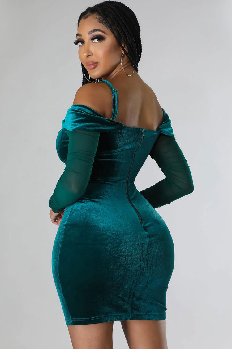 Alluring Deep V Sheer Sleeve Velvet Bodycon Corset Party Mini Dress - Emerald Green
