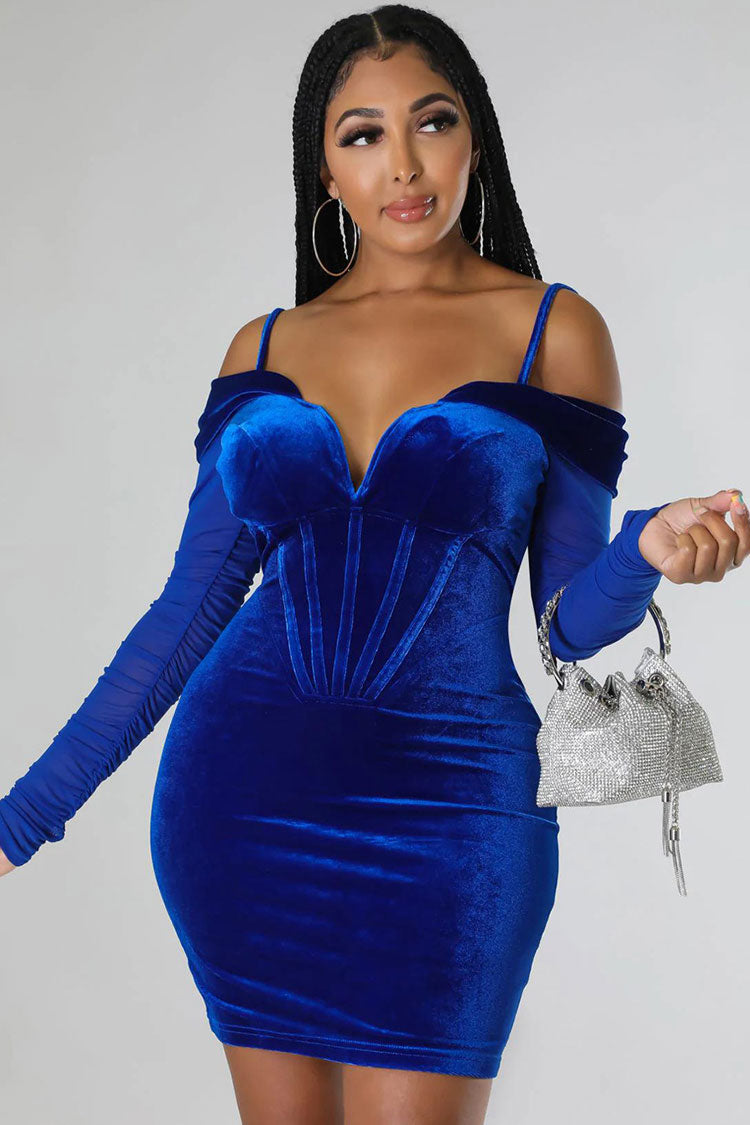 Chic Deep V Sheer Sleeve Velvet Bodycon Corset Party Mini Dress - Royal Blue