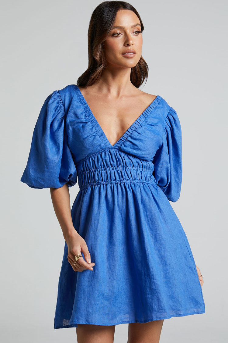 Chic Deep V Tie Back Puff Sleeve Smocked Waist Summer Mini Dress - Blue