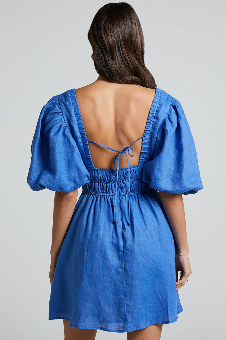 Chic Deep V Tie Back Puff Sleeve Smocked Waist Summer Mini Dress - Blue