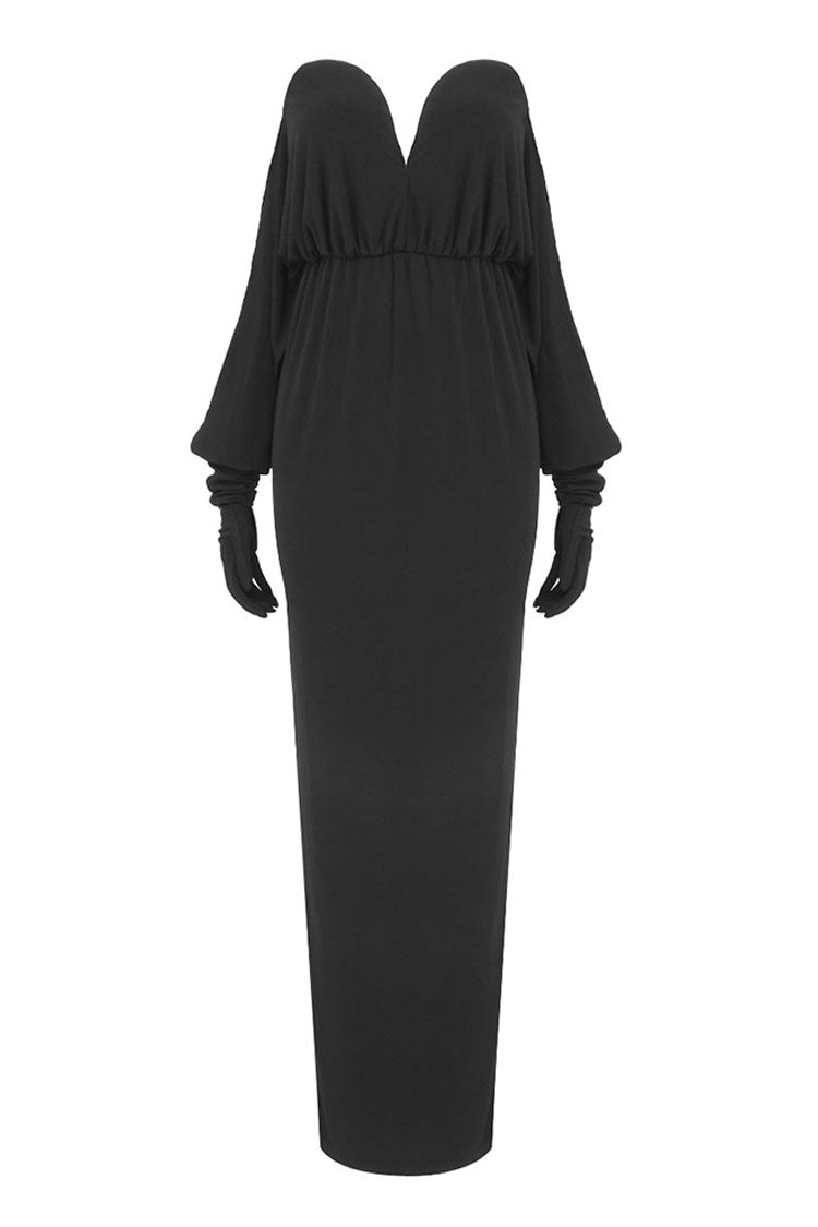 Alluring Diva Deep V Gloved Draped Sleeve Strapless Jersey Evening Maxi Dress - Black