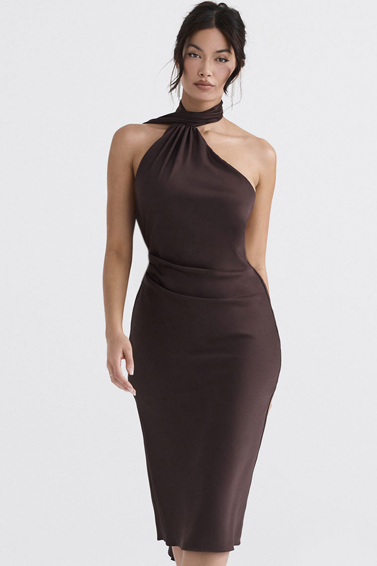 Chic Draped Backless Wrap Halter Tie Satin Midi Dress - Chocolate
