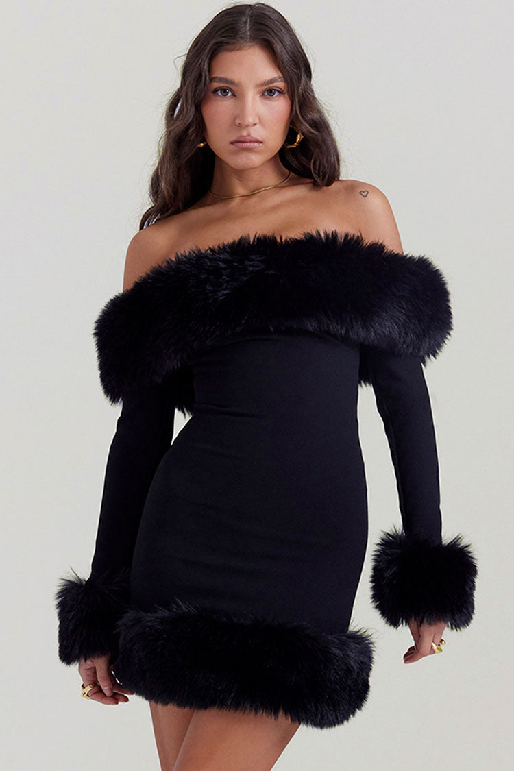 Alluring Faux Fur Off The Shoulder Long Sleeve Winter Bodycon Party Mini Dress - Black