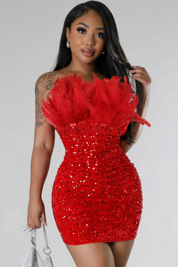 Attractive Feather Trim Strapless Bodycon Velvet Sequin Party Mini Dress - Red