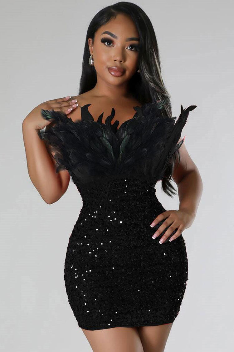 Chic Feather Trim Strapless Bodycon Velvet Sequin Party Mini Dress - Black