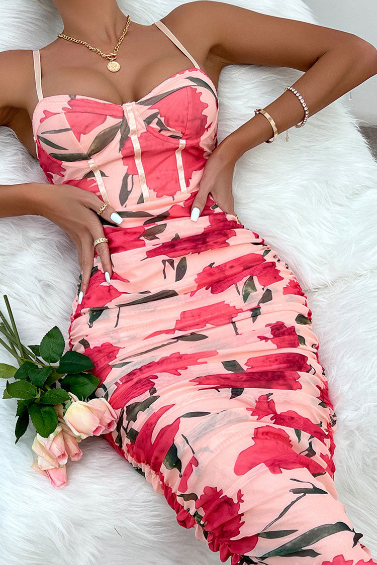 Sexy Bloom Printed Mesh Ruched Bodycon Cocktail Party Midi Dress - Pink