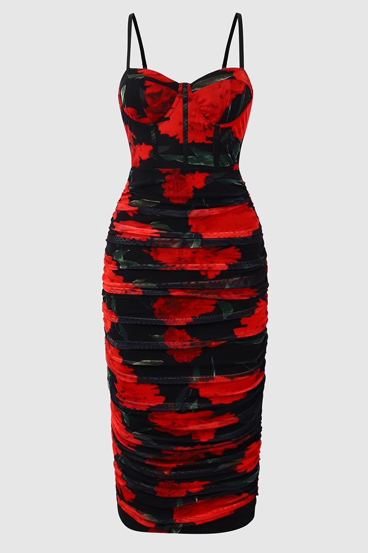 Sexy Bloom Printed Mesh Ruched Bodycon Cocktail Party Midi Dress - Black