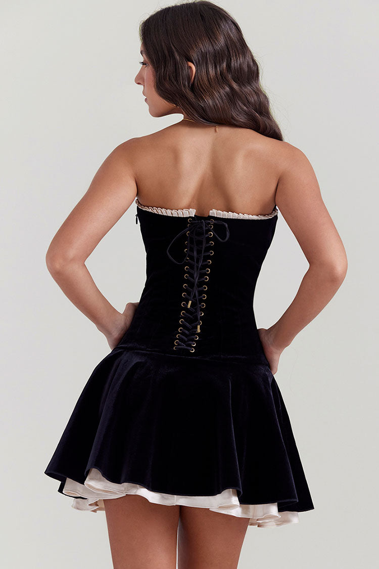 Attractive Frill Strapless Lace Up Satin Velvet Flared Corset Party Mini Dress - Black