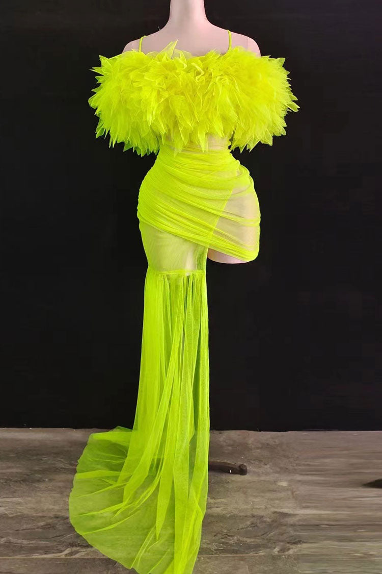Alluring Gloved Ruffle Off Shoulder Draped Sheer Ruched Mesh Mini Dress - Neon Yellow
