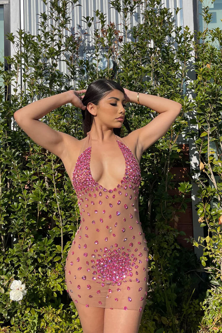 Chic Halter Neck Backless Velvet Sheer Mesh Rhinestone Club Mini Dress - Rose