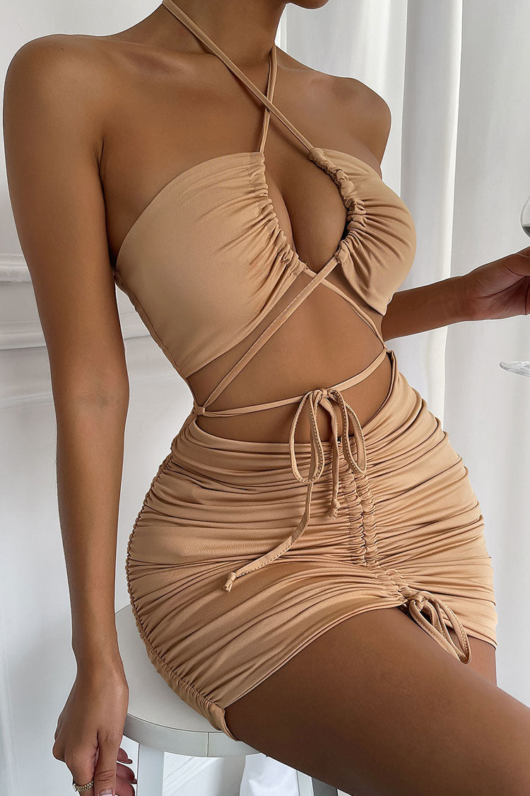 Chic Halter Neck Cutout Drawstring Tie Ruched Bodycon Party Mini Dress - Khaki