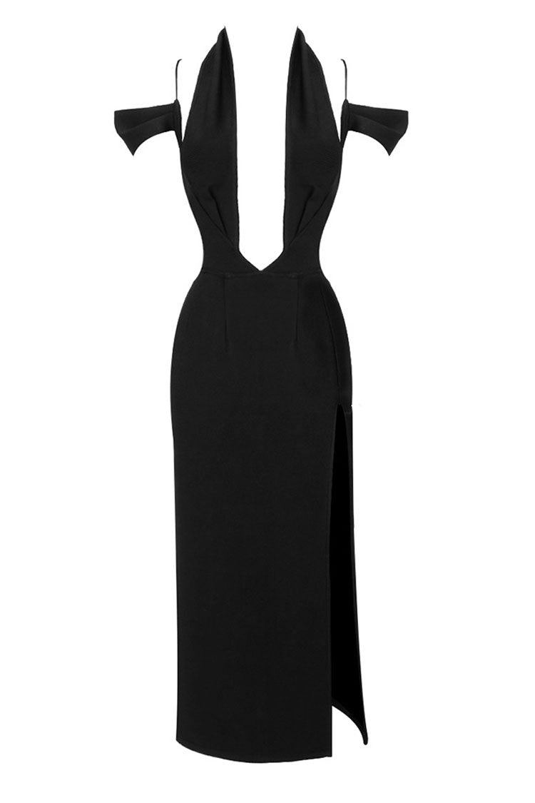 Chic Halter V Neck Cutout Shoulder Bandage Split Cocktail Midi Dress - Black