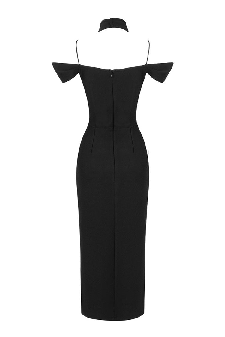 Chic Halter V Neck Cutout Shoulder Bandage Split Cocktail Midi Dress - Black