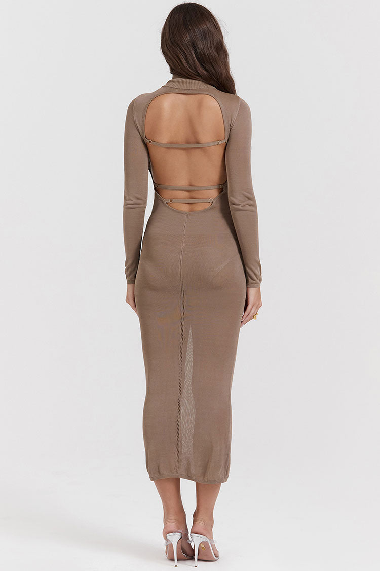 Chic High Neck Long Sleeve Cutout Back Fit Semi Sheer Sweater Midi Dress - Khaki