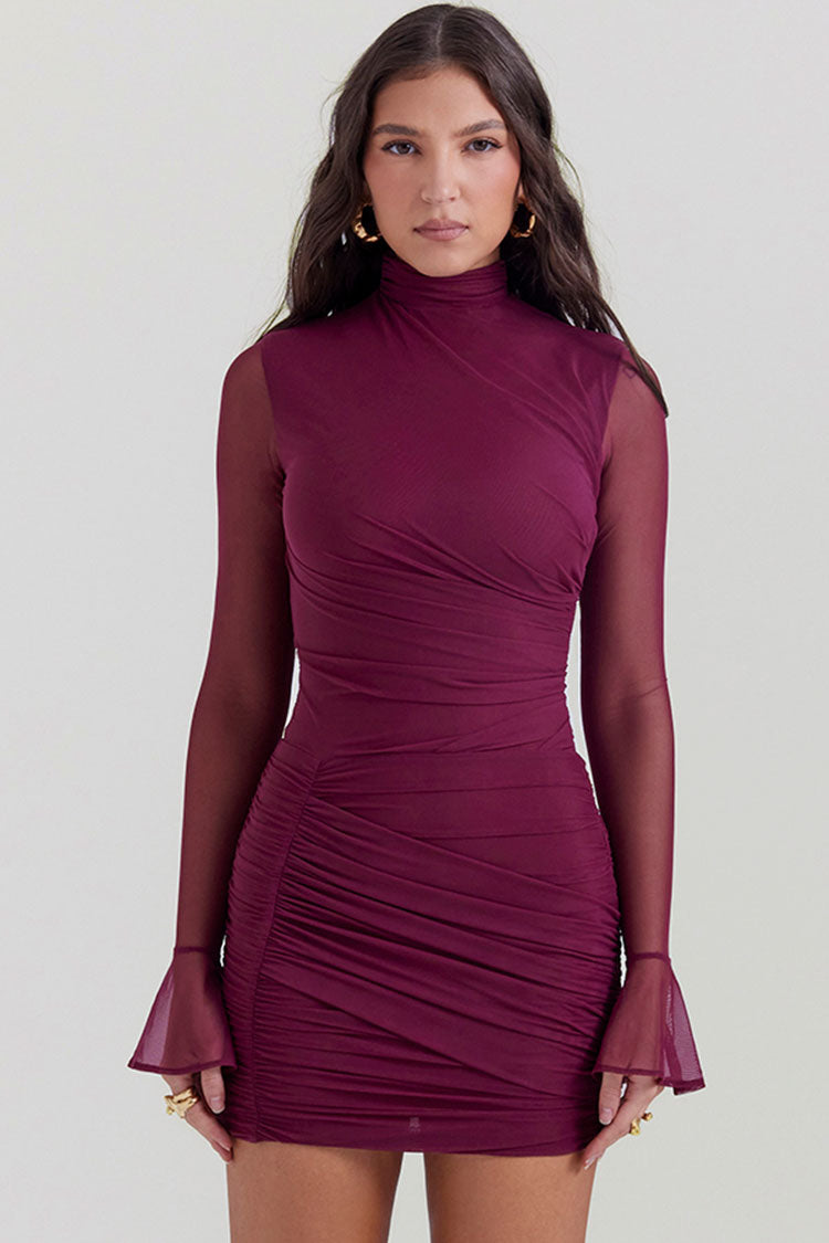 Alluring High Neck Sheer Mesh Long Sleeve Ruched Bodycon Party Mini Dress - Burgundy