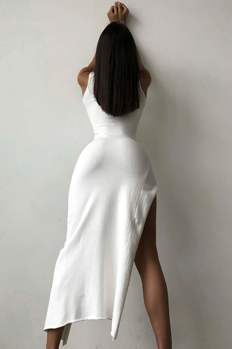 Chic High Neck Sleeveless Bodycon High Split Party Midi Dress - White