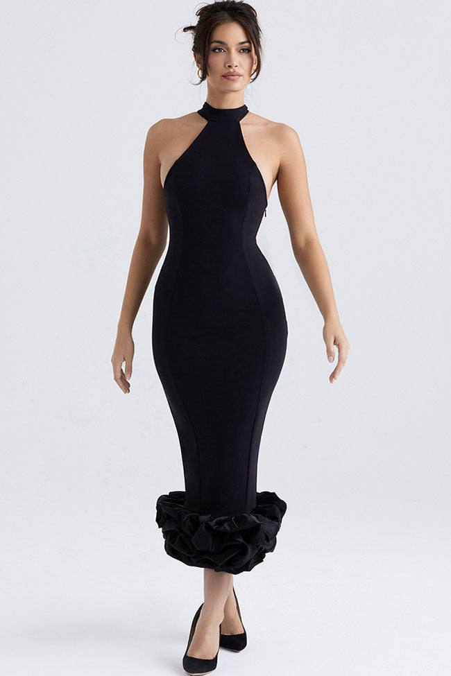 Chic High Neck Sleeveless Bodycon Ruffle Cocktail Party Midi Dress - Black