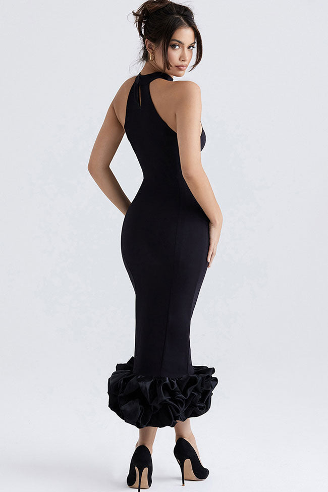 Chic High Neck Sleeveless Bodycon Ruffle Cocktail Party Midi Dress - Black