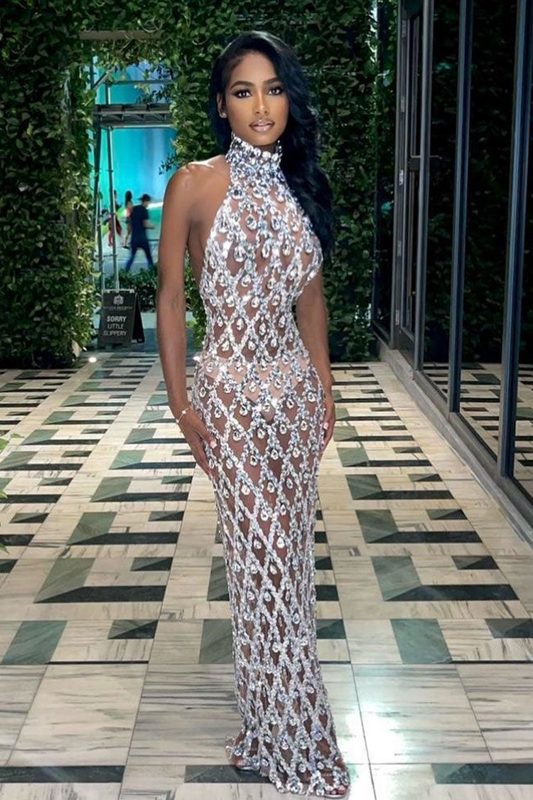 Stylish High Neck Sleeveless Sheer Mesh Rhinestone Sequin Evening Maxi Dress - Silver