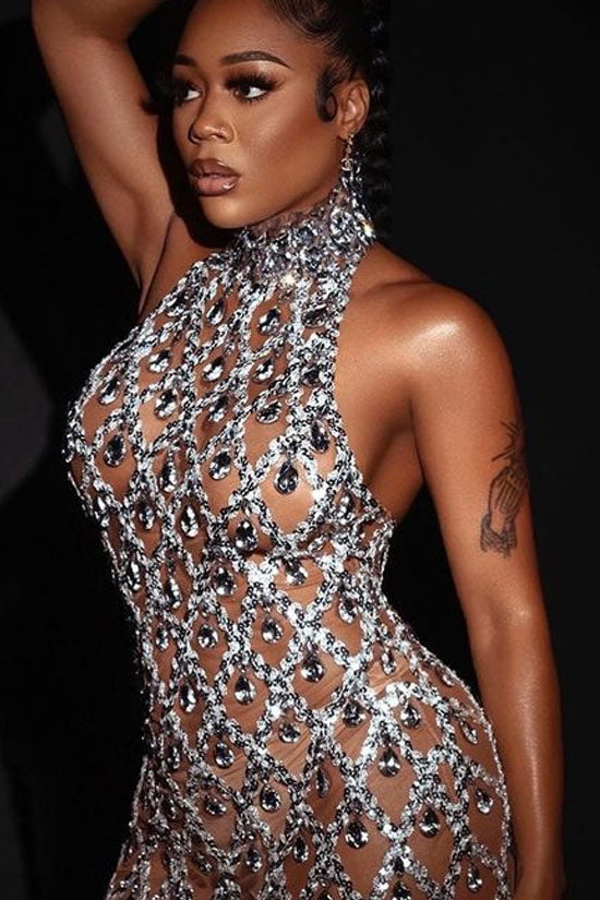 Stylish High Neck Sleeveless Sheer Mesh Rhinestone Sequin Evening Maxi Dress - Silver