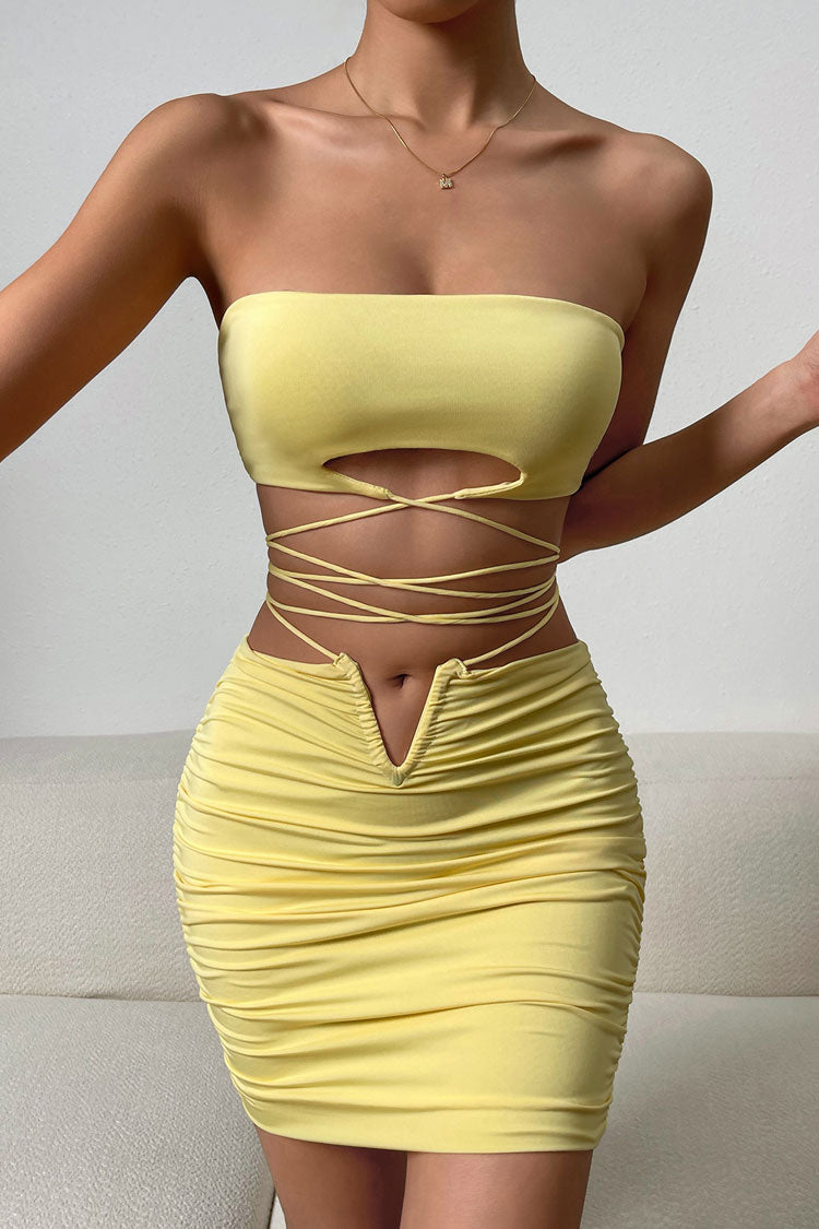 Attractive Keyhole Tube Top Wrap V Cut High Waist Two Piece Club Mini Dress - Yellow