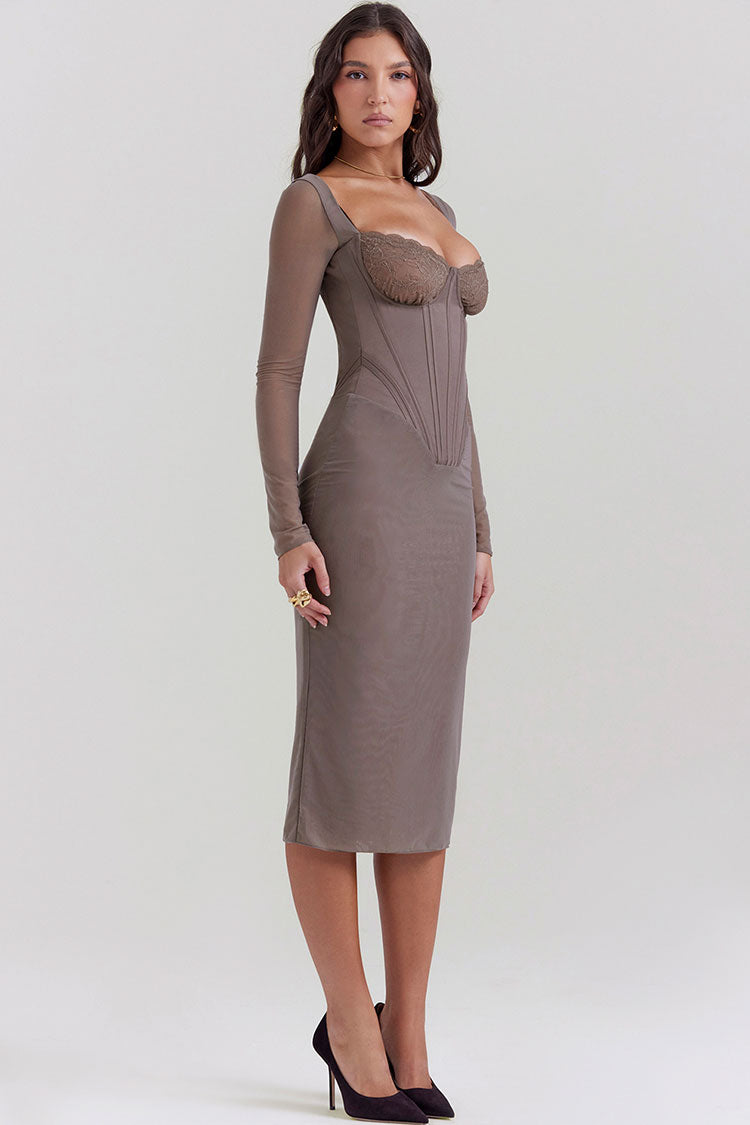 Chic Lace Sweetheart Mesh Bodycon Mesh Cocktail Midi Dress - Light Khaki