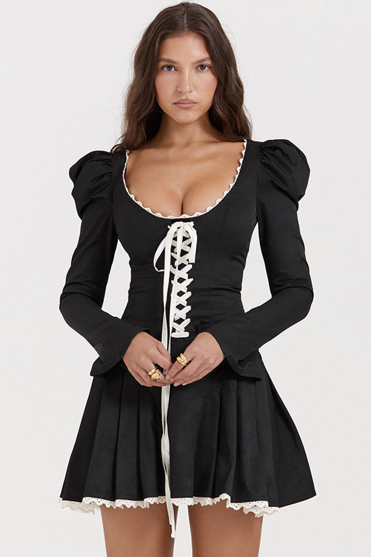 Alluring Lace Up Scoop Neck Puff Sleeve Ruffle Fit & Flare Party Mini Dress - Black