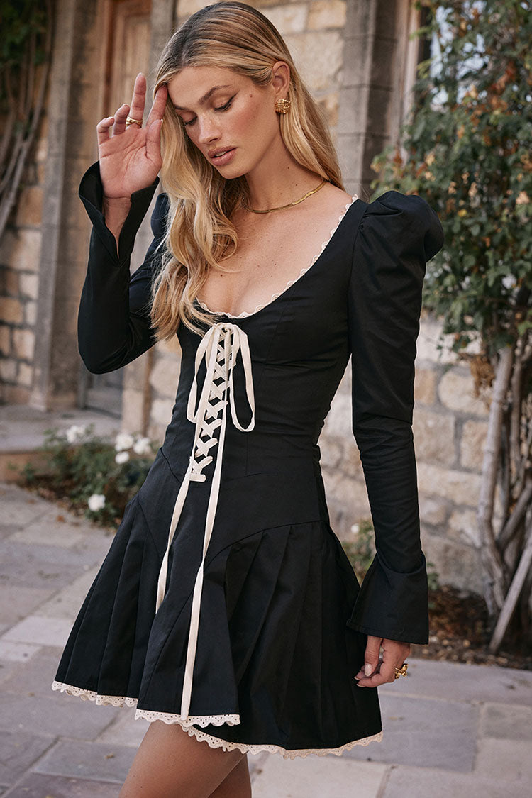 Alluring Lace Up Scoop Neck Puff Sleeve Ruffle Fit & Flare Party Mini Dress - Black