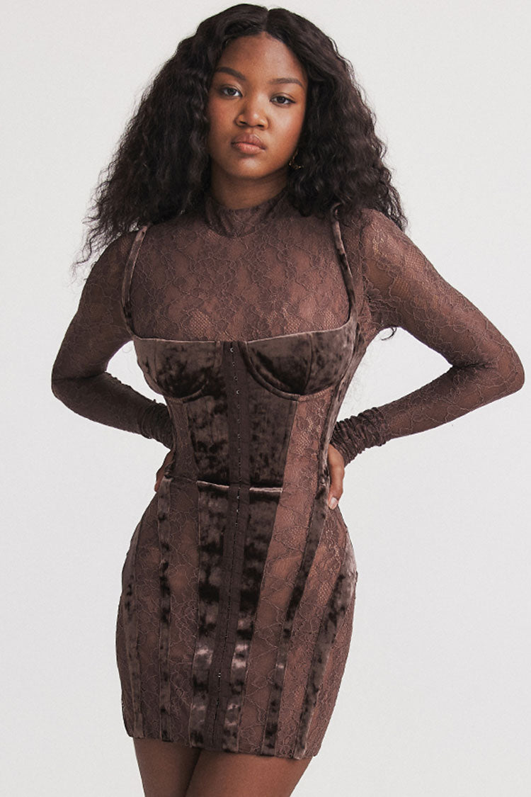 Alluring Mock Neck Long Sleeve Sheer Lace Velvet Corset Party Mini Dress - Brown