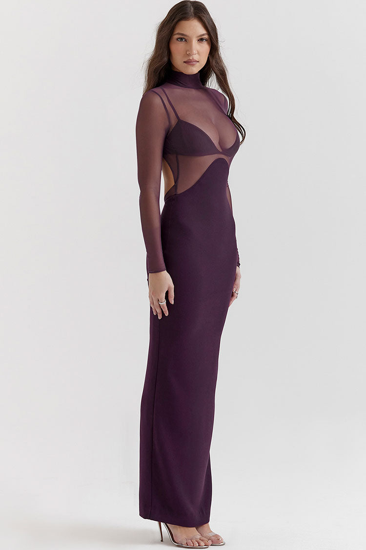 Glamorous Mock Neck Long Sleeve Sheer Mesh Panel Bodycon Maxi Dress - Fuchsia