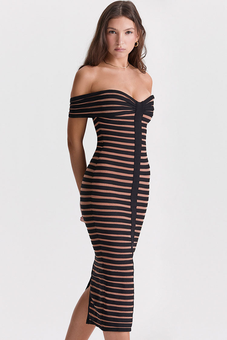 Chic Off Shoulder Contrast Striped Bandage Cocktail Party Midi Dress - Black